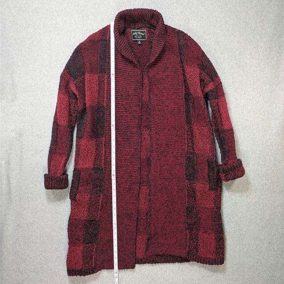 Lucky Brand Open Wear Red Black Checkered Boucle Cardigan Sweater Size M - Picture 8 of 16
